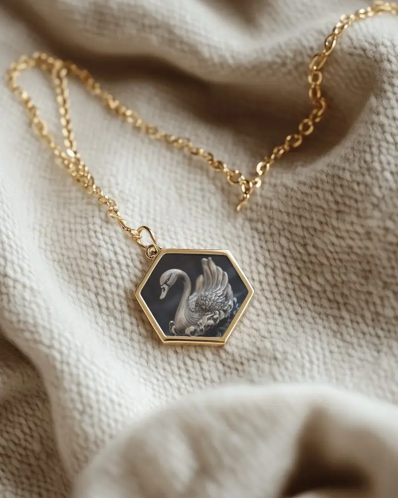 Hexagon Necklace Mockup On Warm Fabric Closeup Golden Chain Cozy Editorial Style Scene