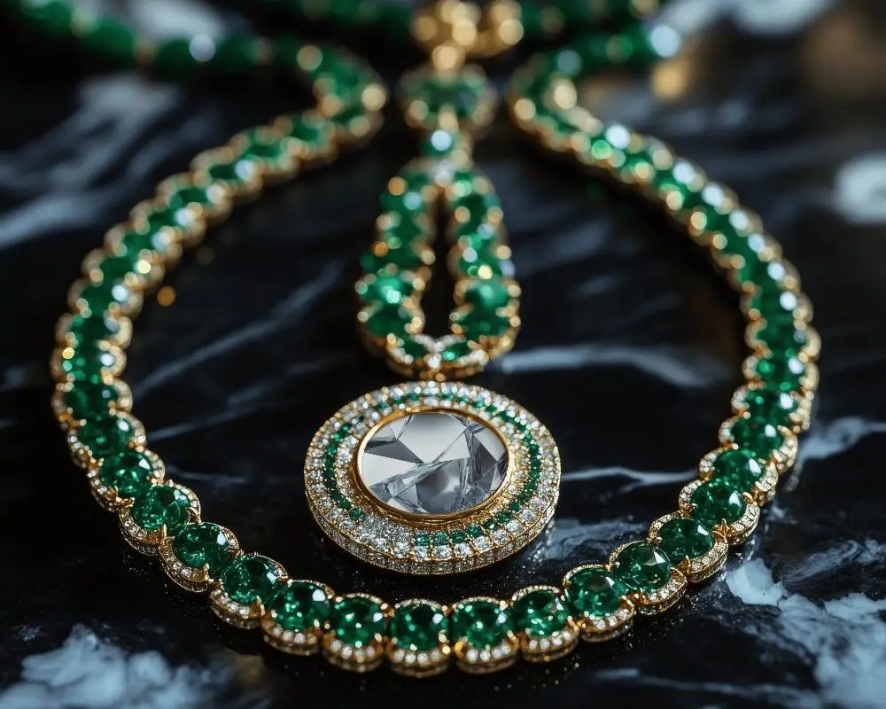 Emerald Necklace Mockup On Black Marble Shine Jewel Highlight Luxury Jewelry Display Scene