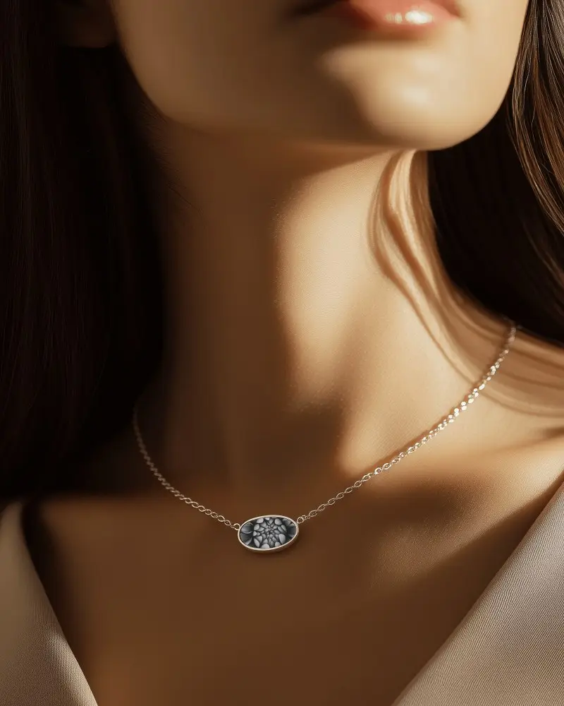 Oval Necklace Mockup On Model Neck Sculpted Light Fine Jewelry Look With Elegant Shadowed Mood