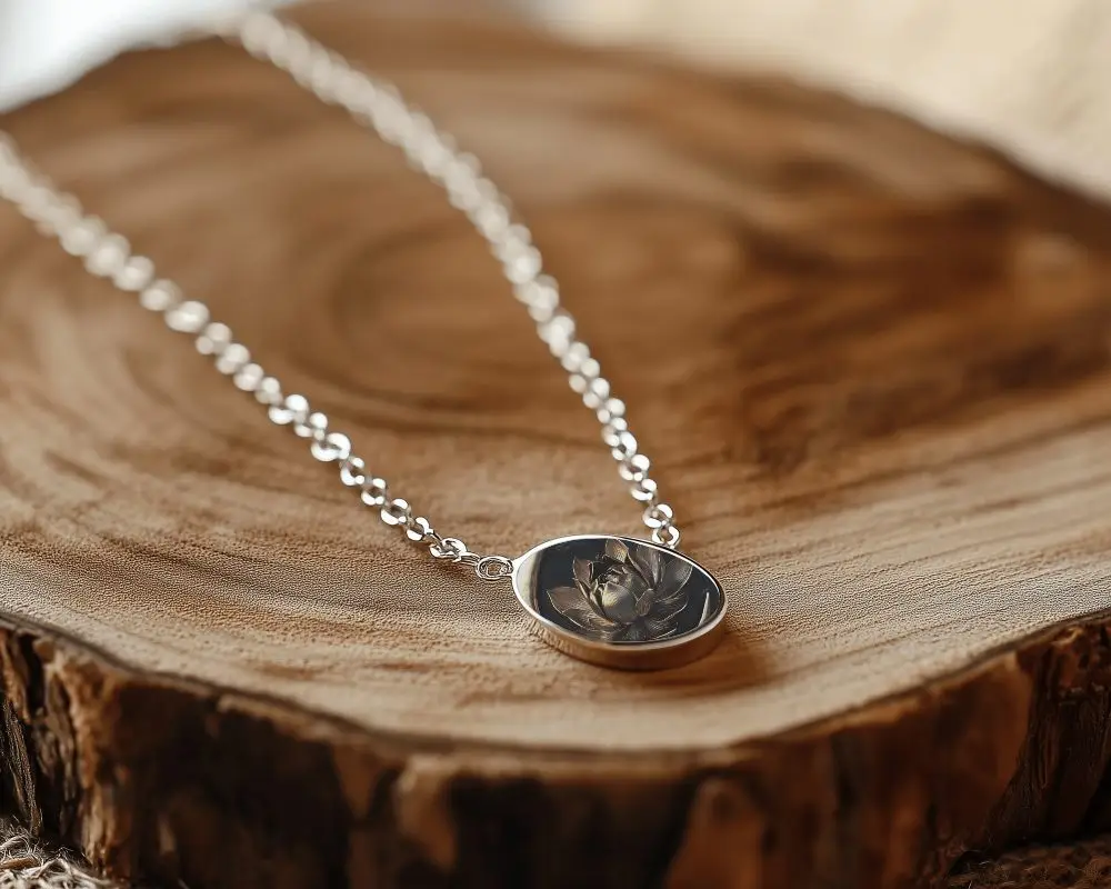 Silver Pendant Necklace Mockup On Wooden Platform Soft Daylight Classy Jewelry In Natural Scene