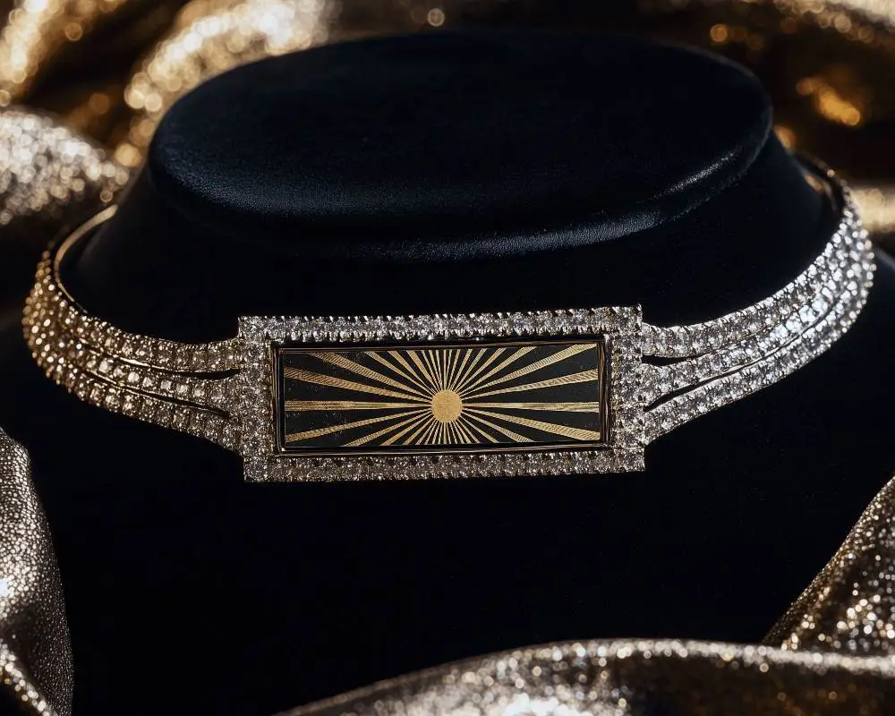 Crystal Necklace Mockup On Black Display Stand Golden Glam Shine Premium Evening Jewelry Scene