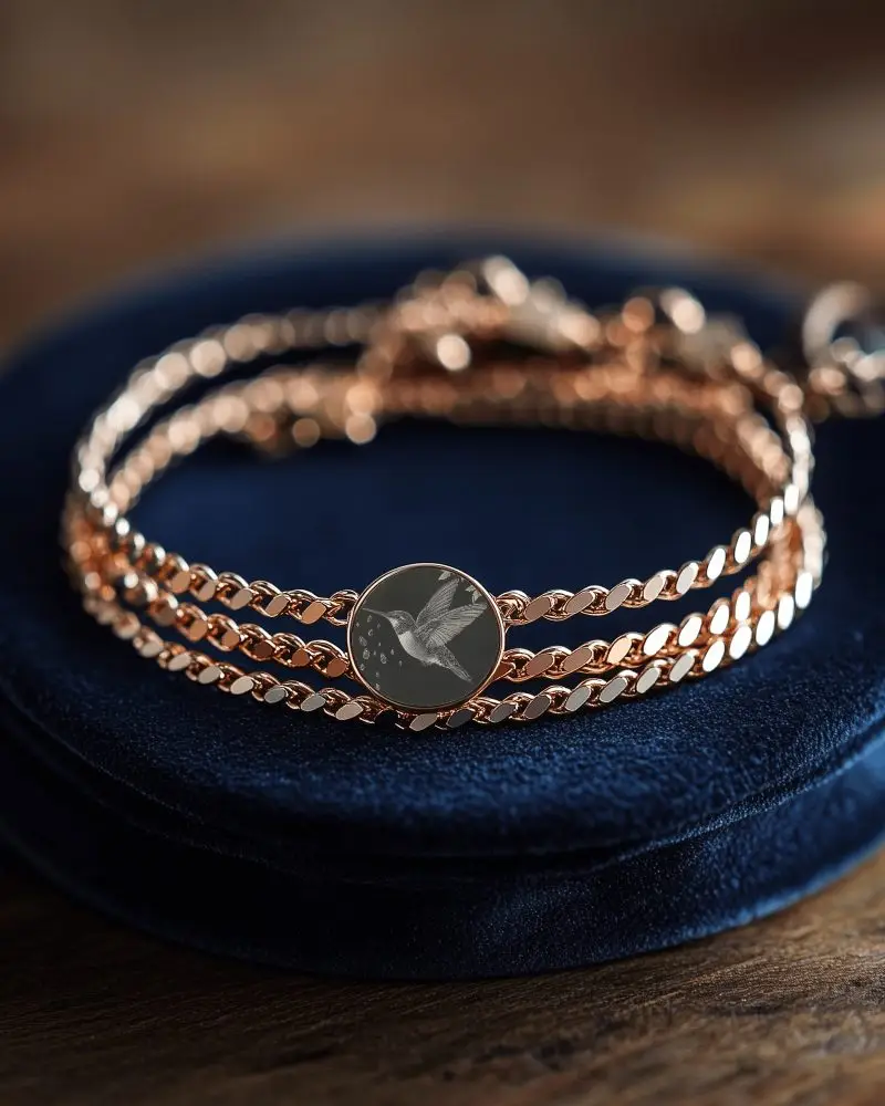 Rose Gold Triple Chain Bracelet Mockup On Dark Blue Velvet Box Luxury Close Up Jewelry Display