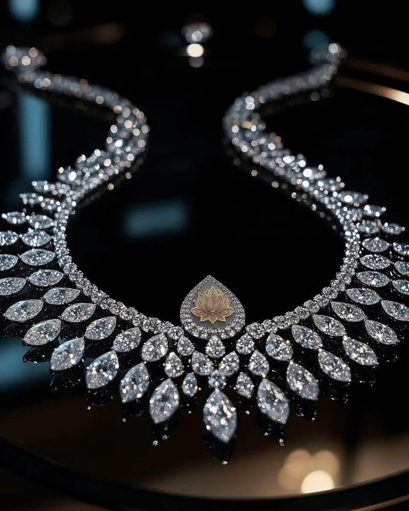 High Shine Diamond Necklace Mockup With Leaf Cluster Design On Black Glass Surface Reflection Effect