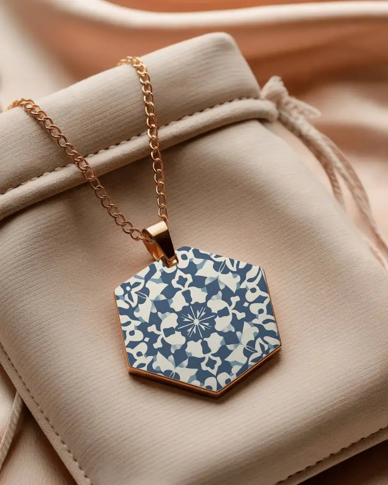 Hexagonal Gold Pendant Mockup Displayed Over Beige Jewelry Pouch On Satin Drape Soft Lighting Luxury