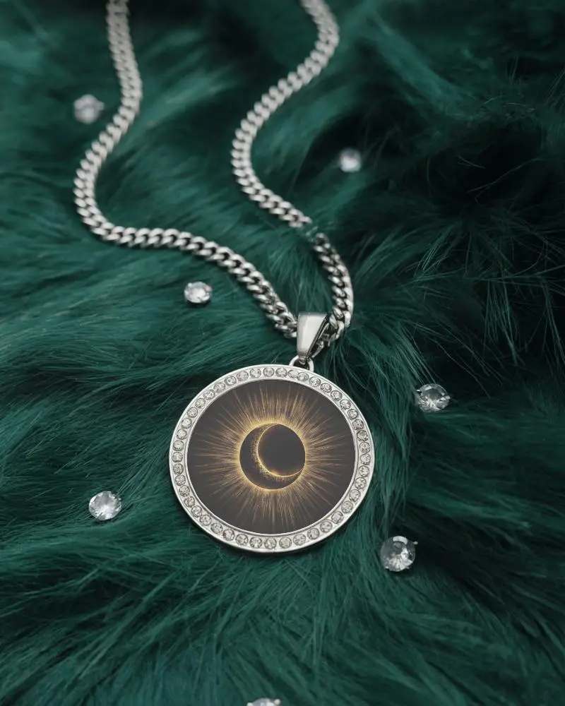 Round Silver Pendant Mockup Arranged Green Fur Background With Scattered Gems And Glamorous