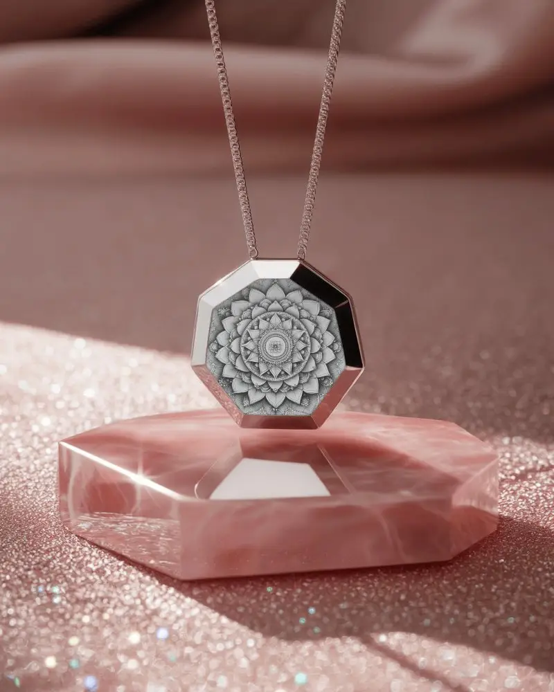 Octagonal Silver Necklace Mockup Hanging Above Pink Gemstone Background With Smooth Lighting