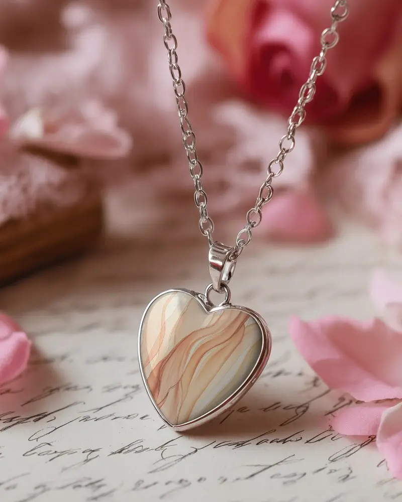 Charming Heart Pendant Necklace Mockup With Fine Chain On Soft Floral Backdrop