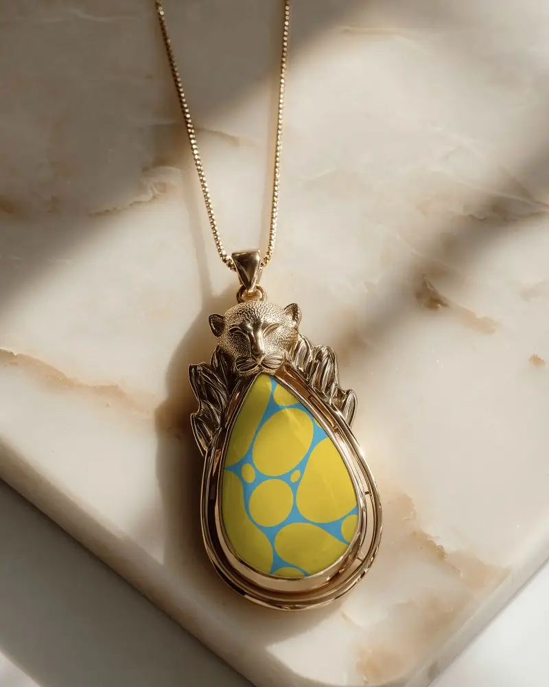 Luxury Pendant Necklace Mockup With Wild Cat Design On Marble Background For Branding