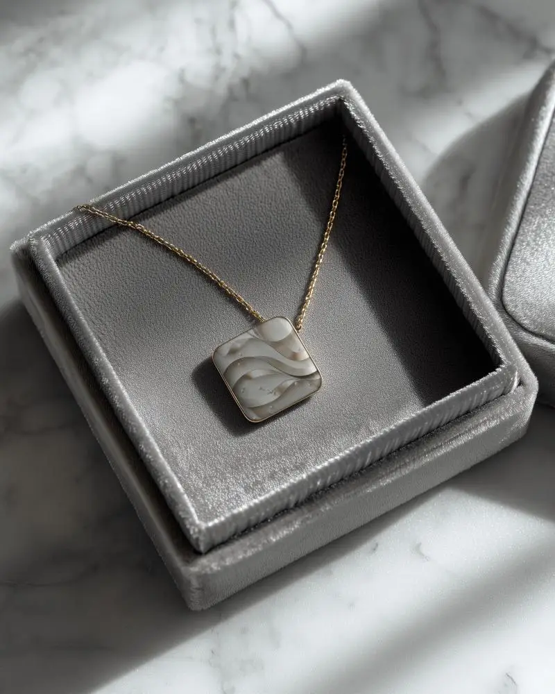 Elegant Square Pendant Necklace Mockup Display In Soft Jewelry Box Mockup For Online Store Promotion