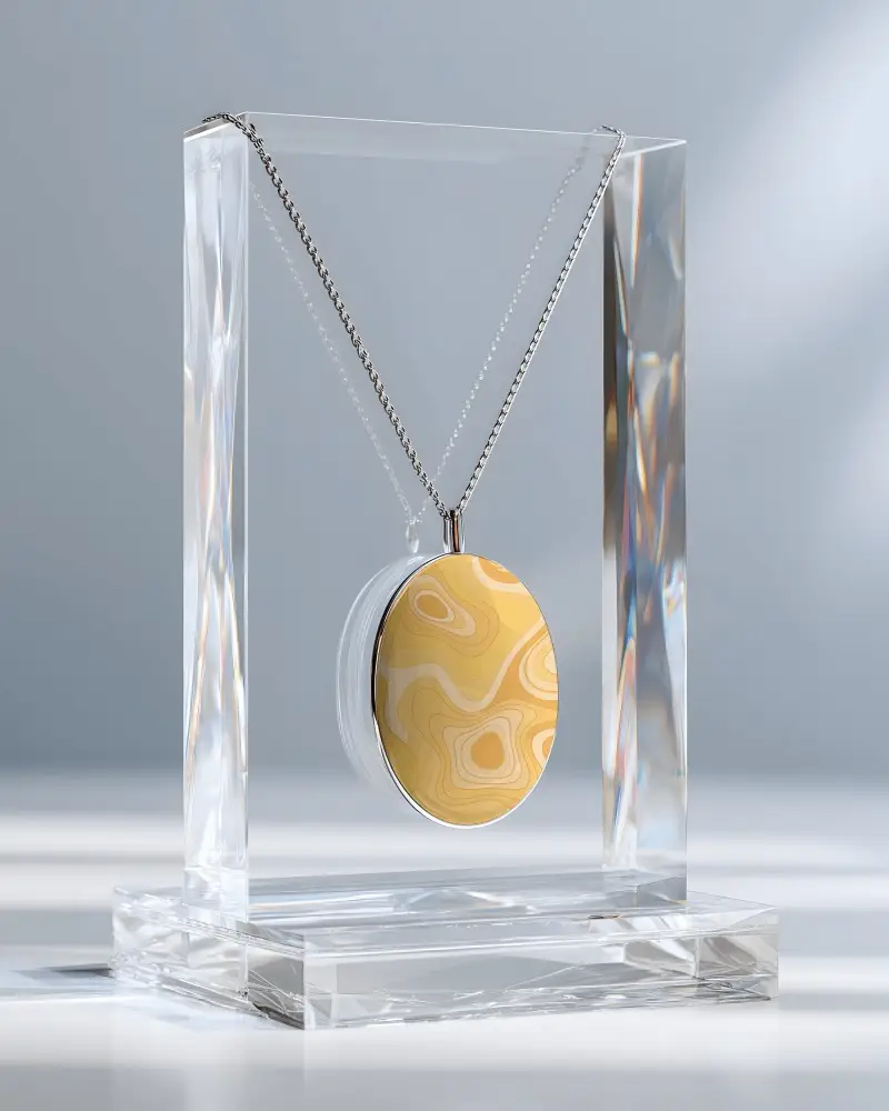 Elegant Minimalist Round Pendant Necklace Mockup With Chain On Transparent Display Stand