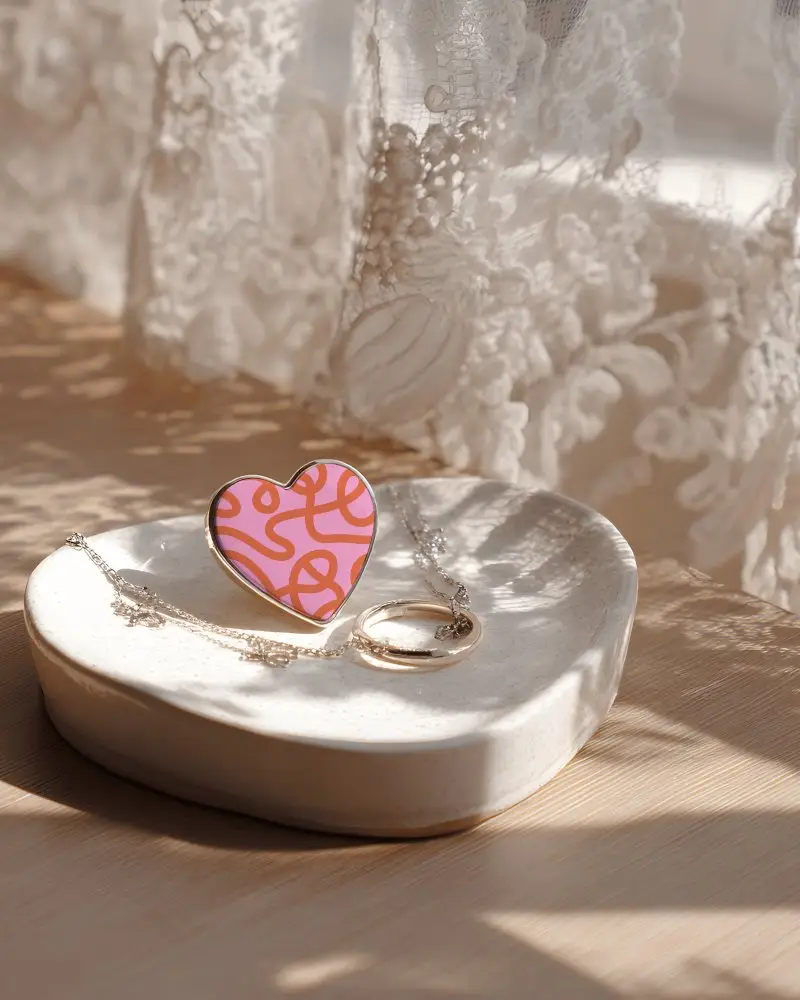Beautiful Jewelry Heart Mockup Featuring Chain And Heart Pendant On Textured Table Setting