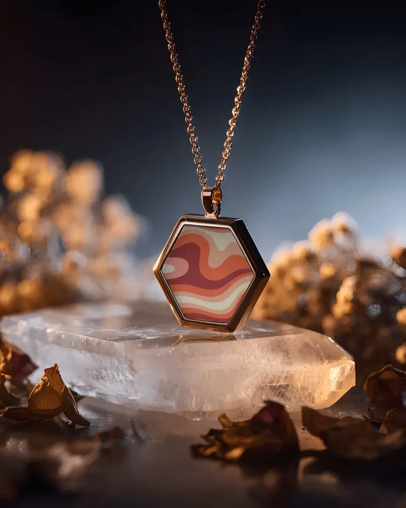 Closeup Geometric Pendant Necklace Mockup With Chain In Natural Lighting For Design