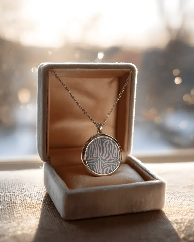 Stylish Precious Metal Necklace Mockup With Simple Round Pendant In Soft Luxury Box