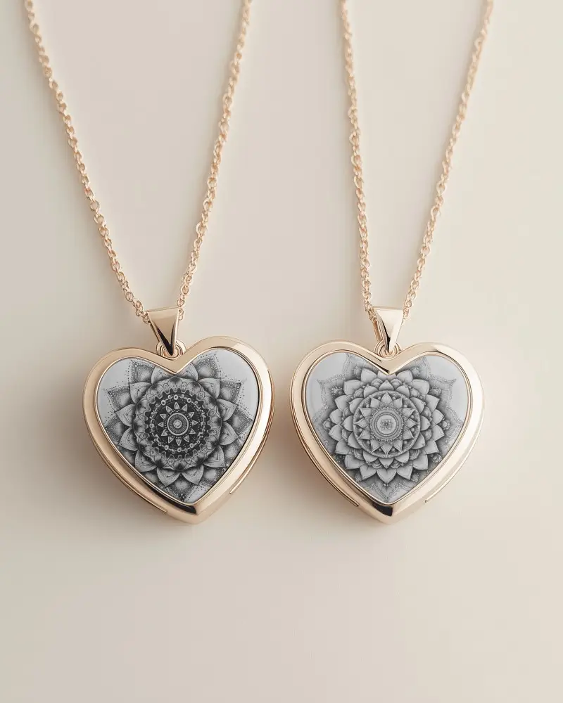 Elegant Duo Heart Locket Necklace Mockup Closeup View Of Paired Pendants With Minimal Lighting