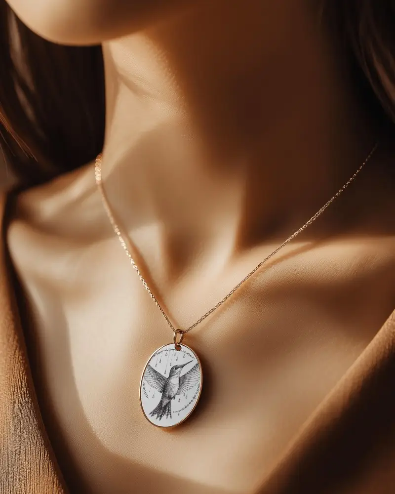 Elegant Pendant Necklace Mockup Oval Metal Frame On Female Skin In Golden Hour Lighting