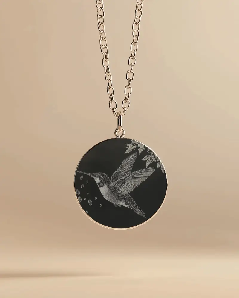 Floating Round Pendant Necklace Mockup Detailed Chain And Etched Jewelry Against Soft Background
