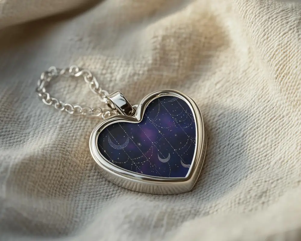 Heart Shaped Locket Mockup Glossy Silver Jewelry Resting On Textured Fabric In Soft Natural Light