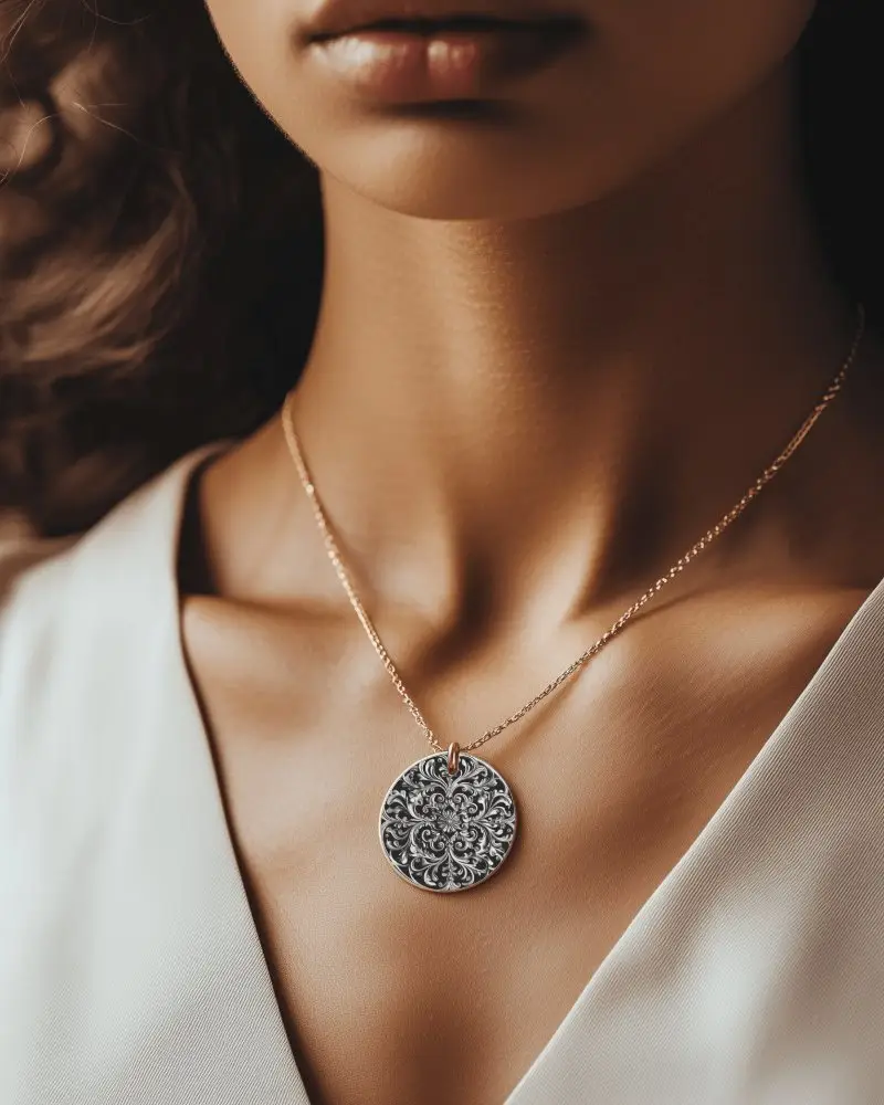 Ornate Round Pendant Necklace Mockup Closeup On Female Neck In Soft Light With Delicate Detailing