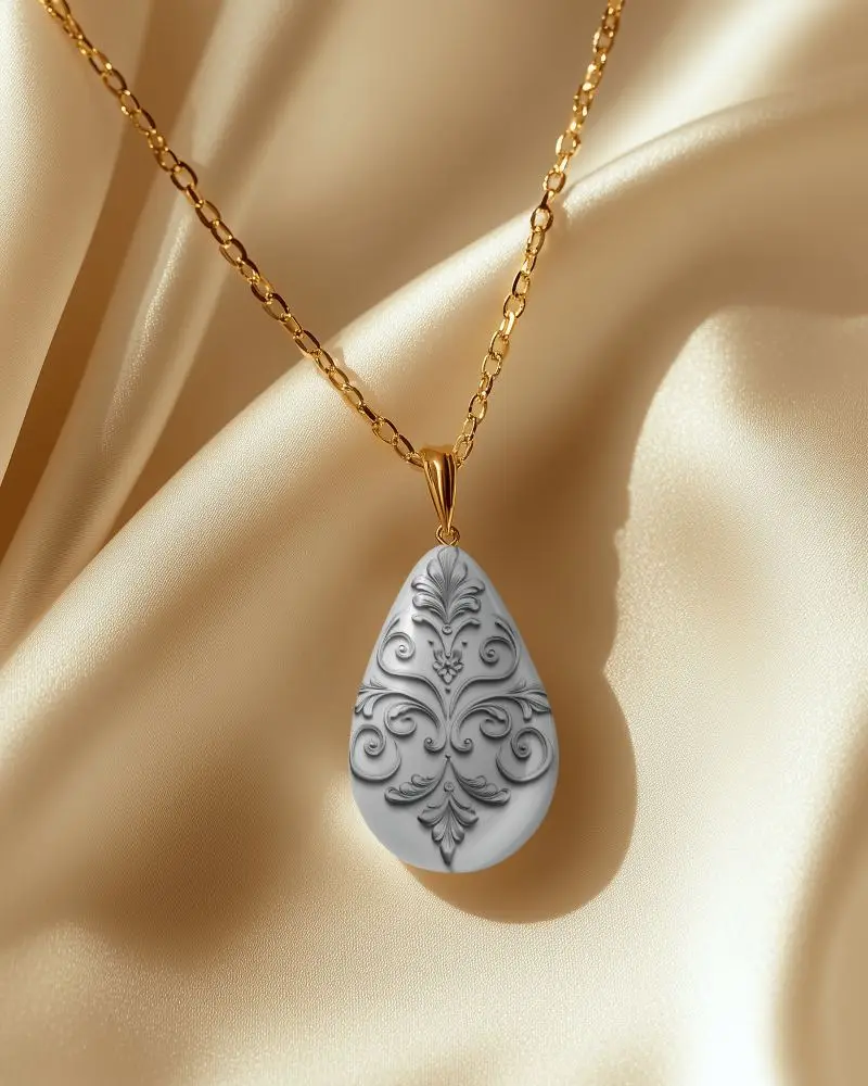 Luxury Pendant Necklace Mockup Teardrop Medallion With Ornate Engraving On Satin Background