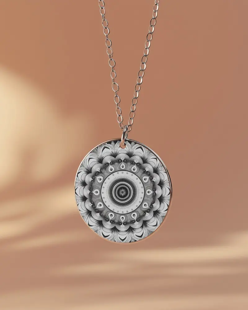 Round Pendant Mockup With Intricate Mandala Design Suspended On Chain Soft Shadow Background