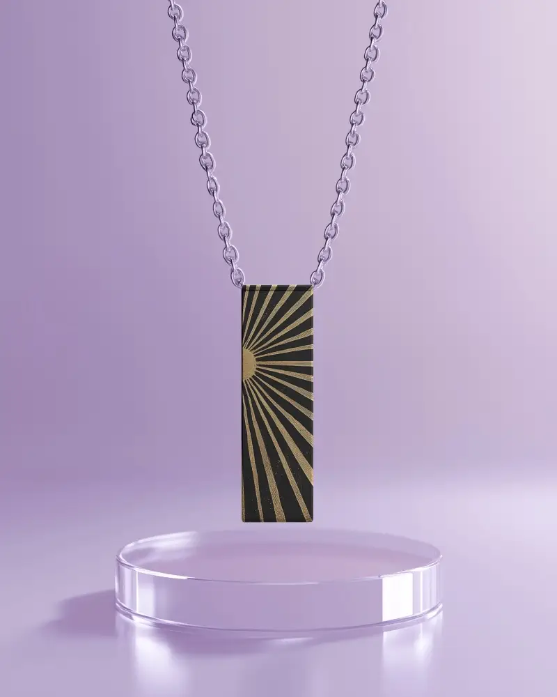 Floating Rectangular Pendant Mockup Sunburst Design On Minimal Podium With Soft Purple Light