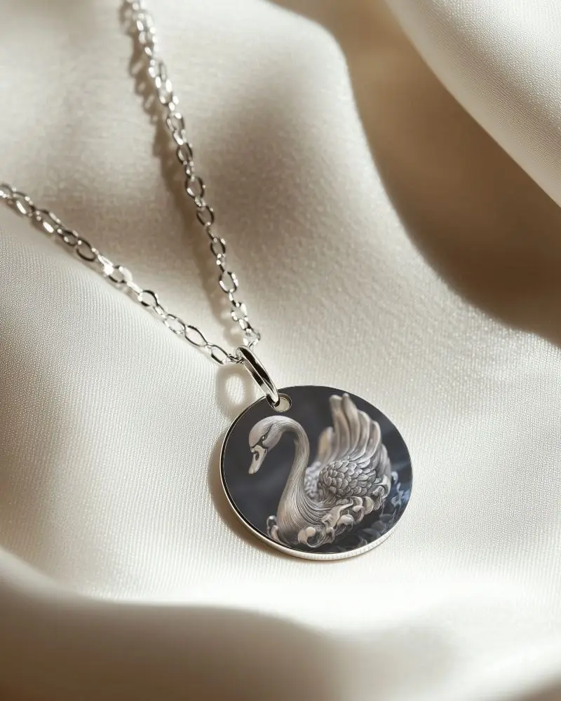 Round Swan Engraved Necklace Mockup Closeup On Minimal Drape Background Premium Jewelry Shot