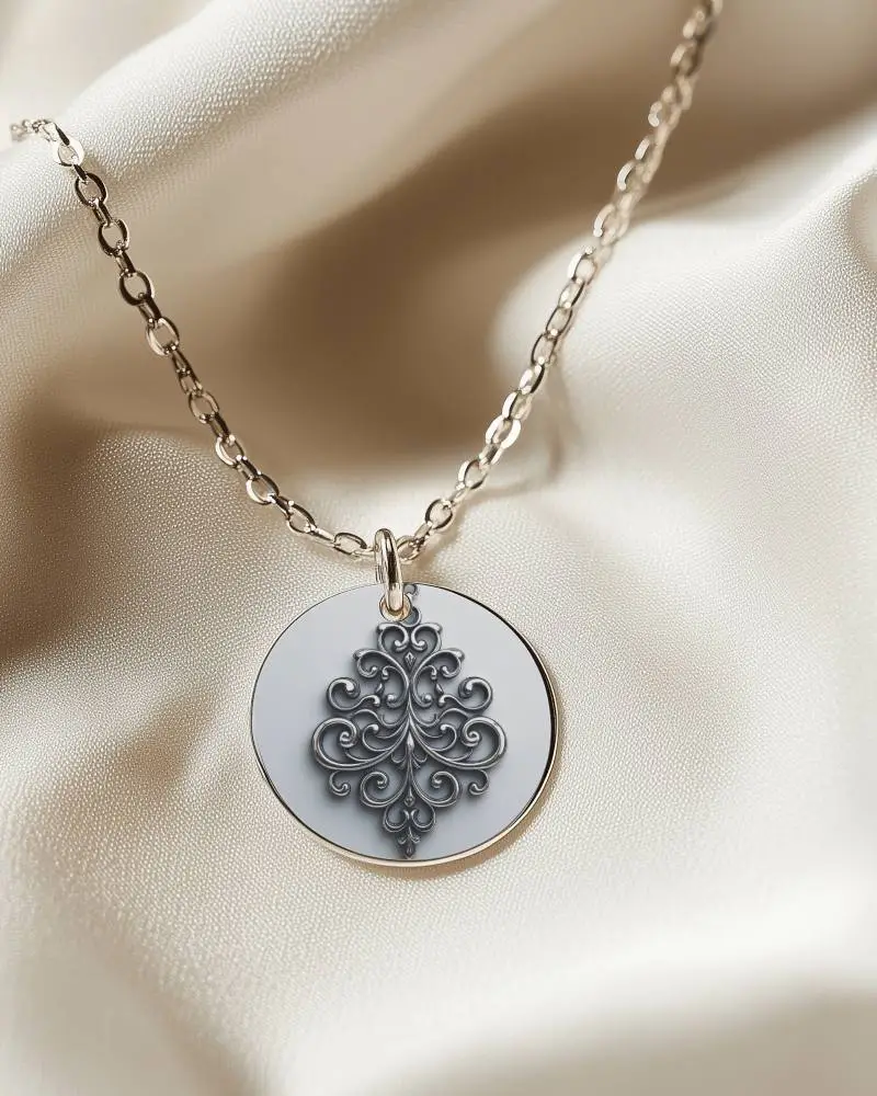 Engraved Necklace Mockup Elegant Round Pendant On Beige Satin Background Closeup Scene