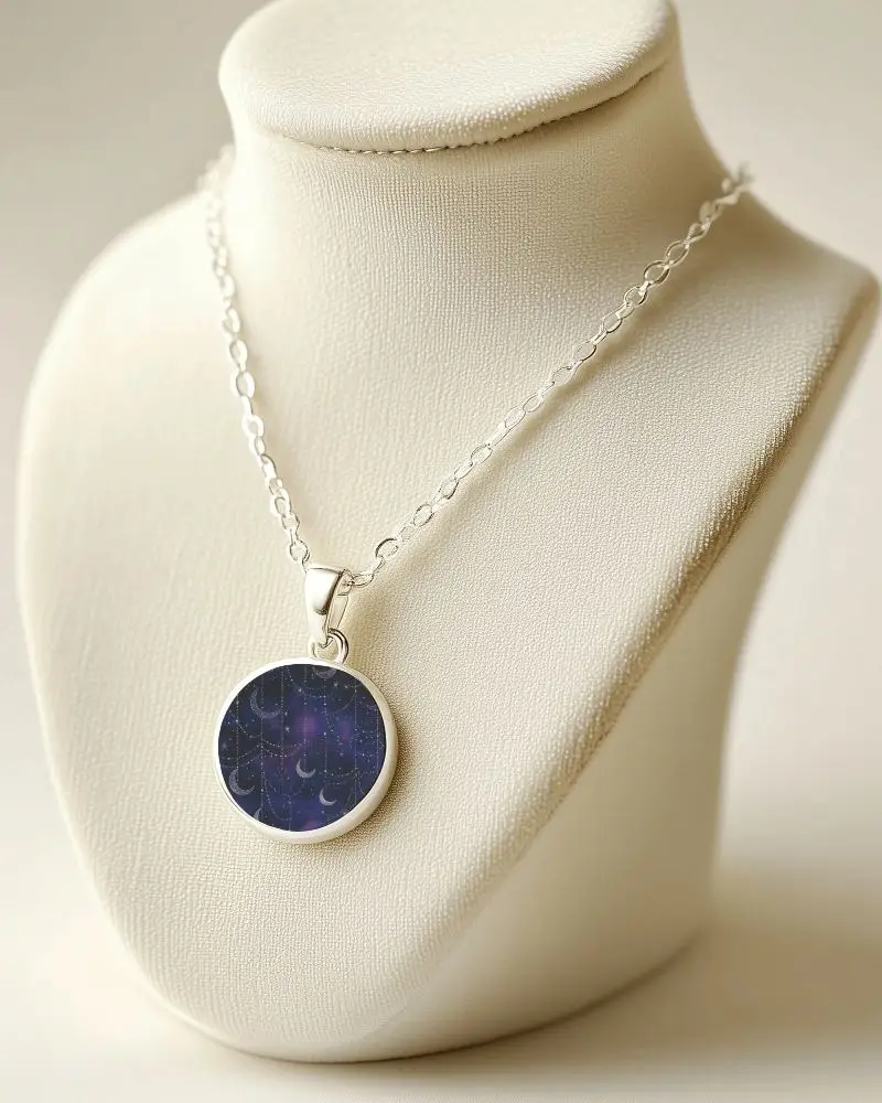 Round Celestial Pendant Necklace Mockup Showcased On Cream Bust With Silver Chain Display