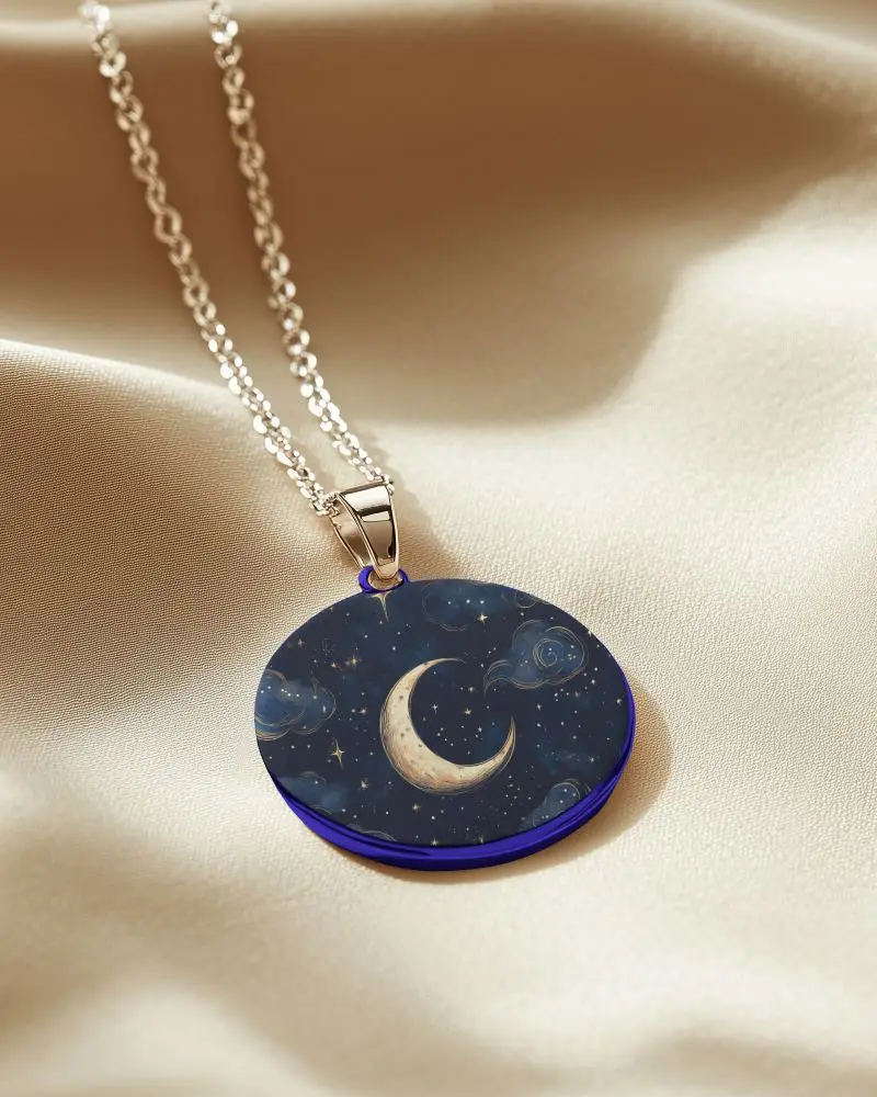 Crescent Round Pendant Mockup On Satin Background With Starry Sky Design Closeup View