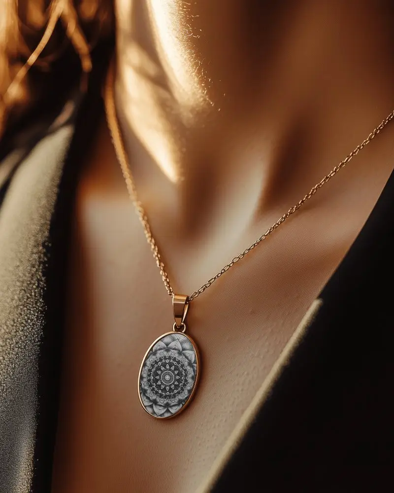 Sunlit Closeup Oval Pendant Mockup On Woman Necklace Mandala Art Detail Luxury Warm Tone Light