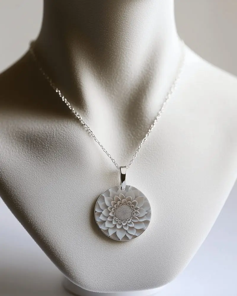 Elegant Pendant Necklace Mockup On White Jewelry Bust With Detailed Floral Embossed Medallion