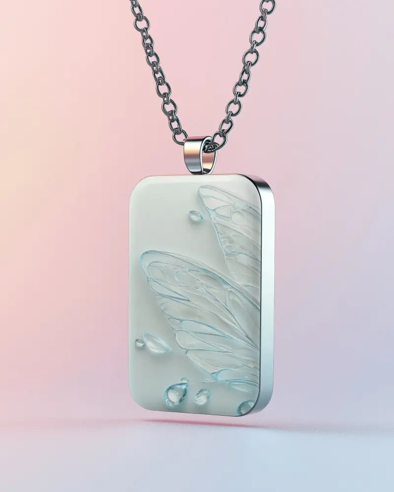 Minimal Elegant Rectangle Pendant Necklace On Gradient Background With Delicate Glass Wing Embossing
