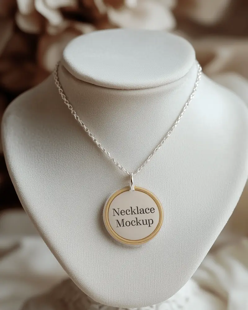 Elegant Round Pendant Necklace Mockup On Luxury Jewelry Bust Soft Warm Lighting Sophisticated And Classic Presentation 045