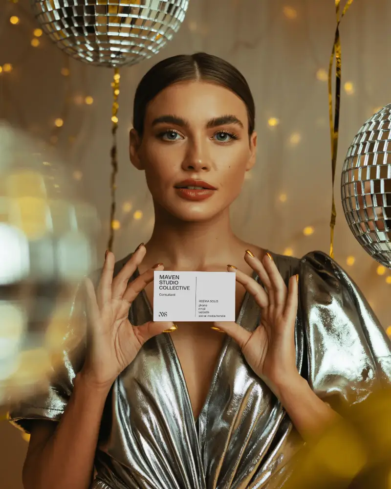 Elegant New Year Party Woman Holding Blank Card With Glamorous Background