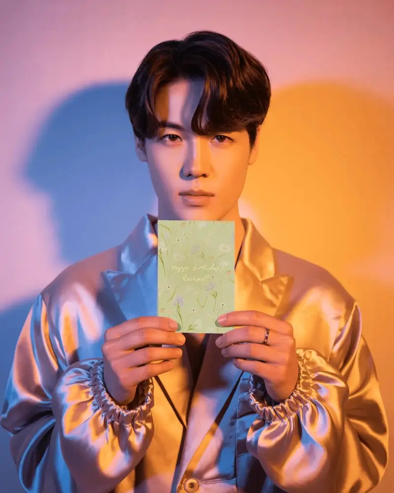 New Year Card Mockup Holding Portrait Fashionable Atmospheric Photo Studio Background