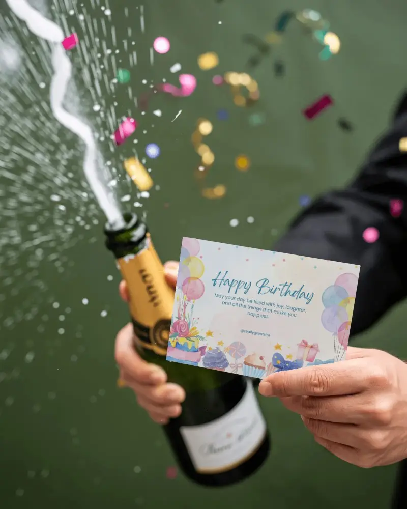 New Year Celebration Card Mockup With Sparkling Champagne Bottle And Confetti Explosion Design