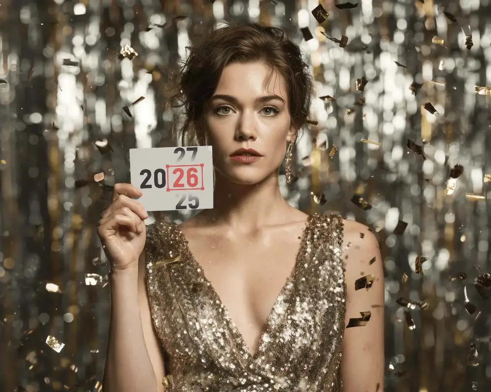 Glamorous New Year Greeting Card Mockup Gold Sequin Dress With Confetti Background