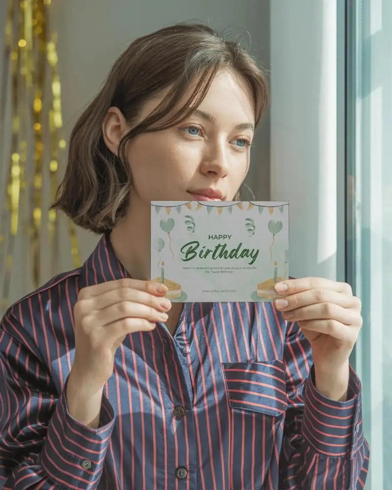 Thoughtful Female Showing Black Mockup Card During New Year Indoor Celebration