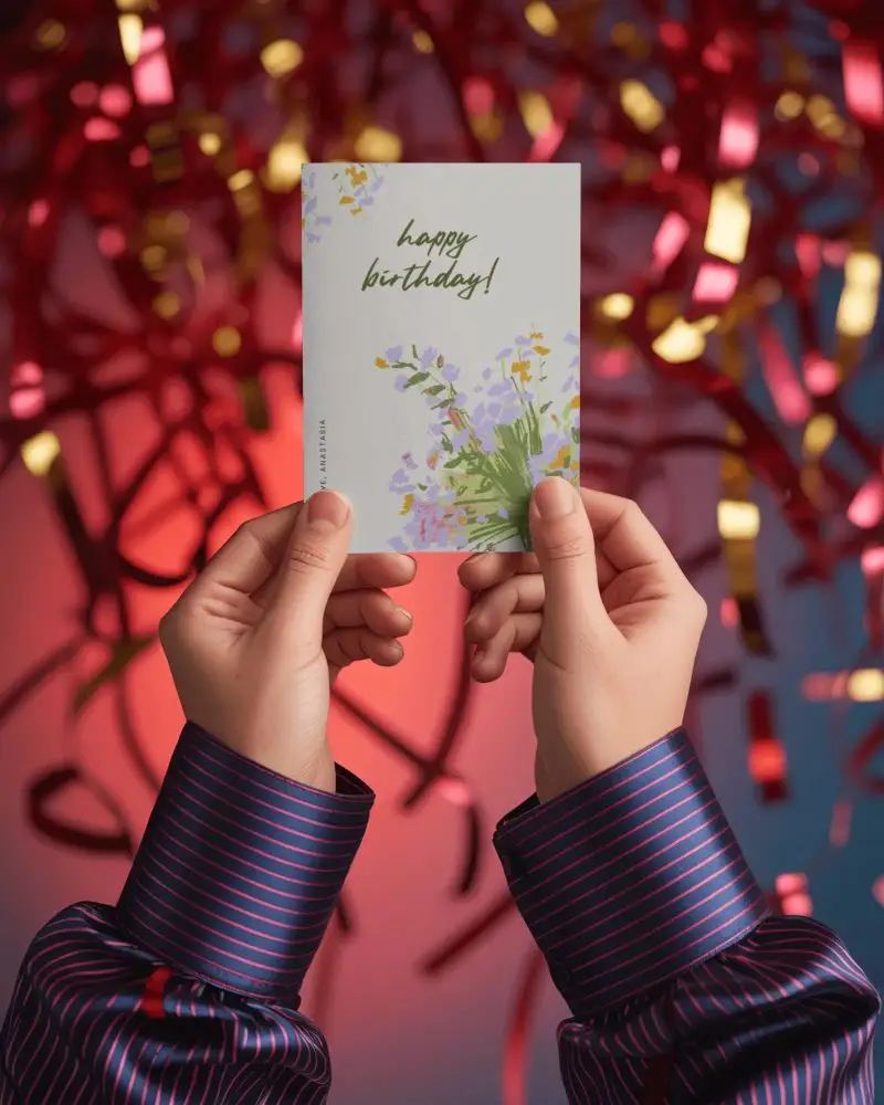 Person Holding Blank Card Mockup Over Festive Background With Streamers For New Year