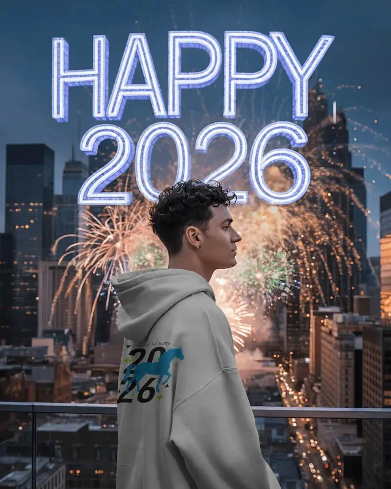 New Year City Rooftop Hoodie Mockup Male Model Watching Happy 2026 Fireworks At Night