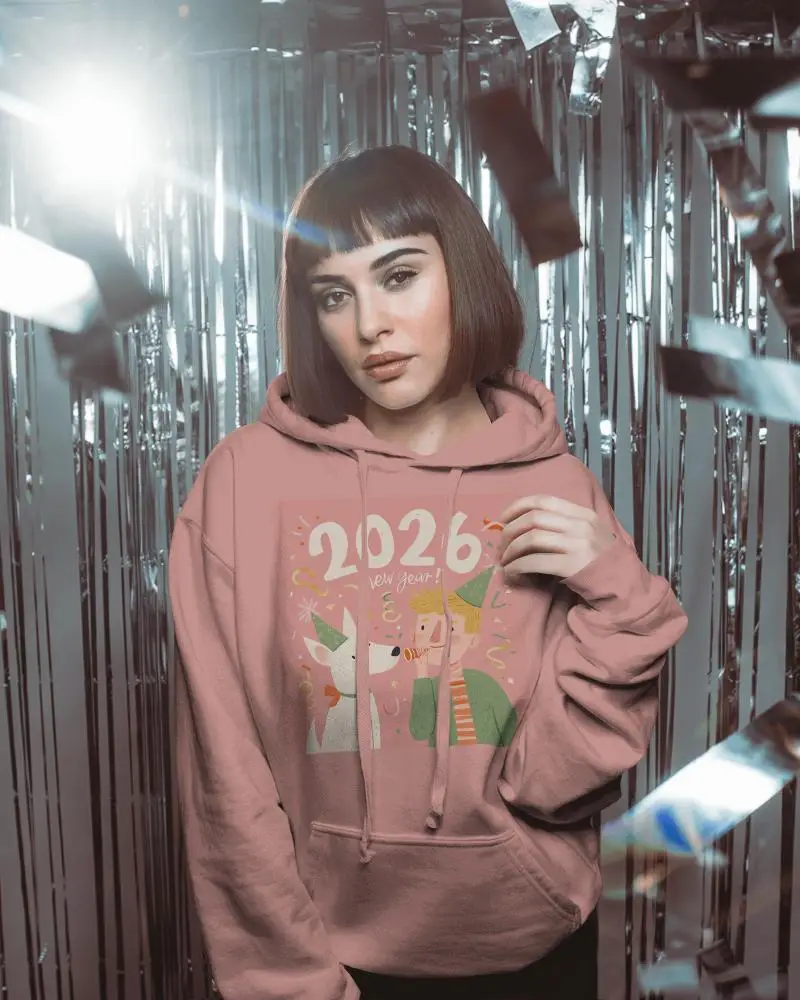 Silver New Year Party Hoodie Mockup Female Model Under Shimmering Tinsel Backdrop With Soft Light