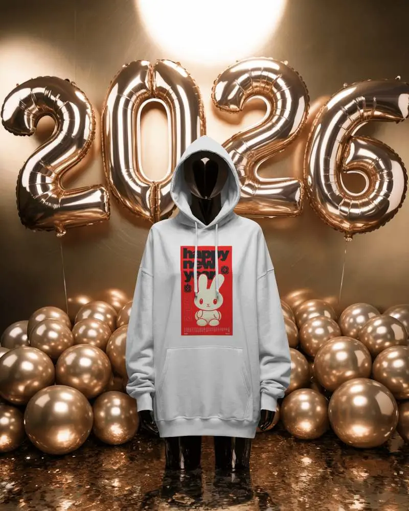 Golden Party New Year Hoodie Mockup Minimal Display With 2026 Balloons And Luxury Ball Decor