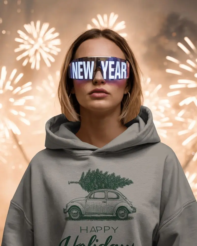 New Year Hoodie Mockup Female Model With Futuristic Glasses And Fireworks Background