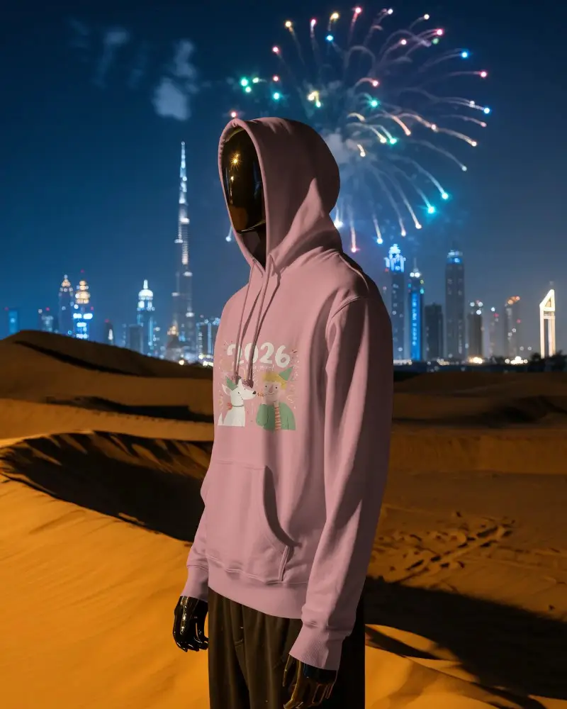 New Year Celebration Hoodie Mockup In Desert Setting With Fireworks And City Lights
