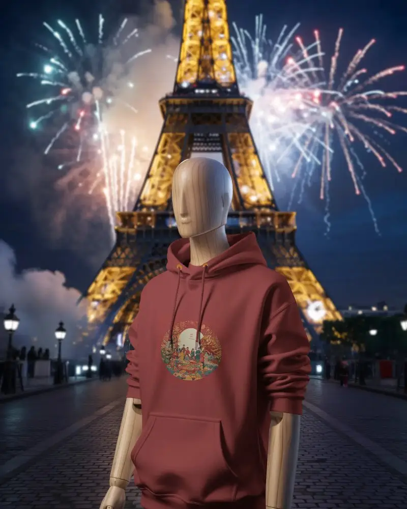 Festive New Year Fashion Hoodie Mockup With Eiffel Tower Nighttime Celebration