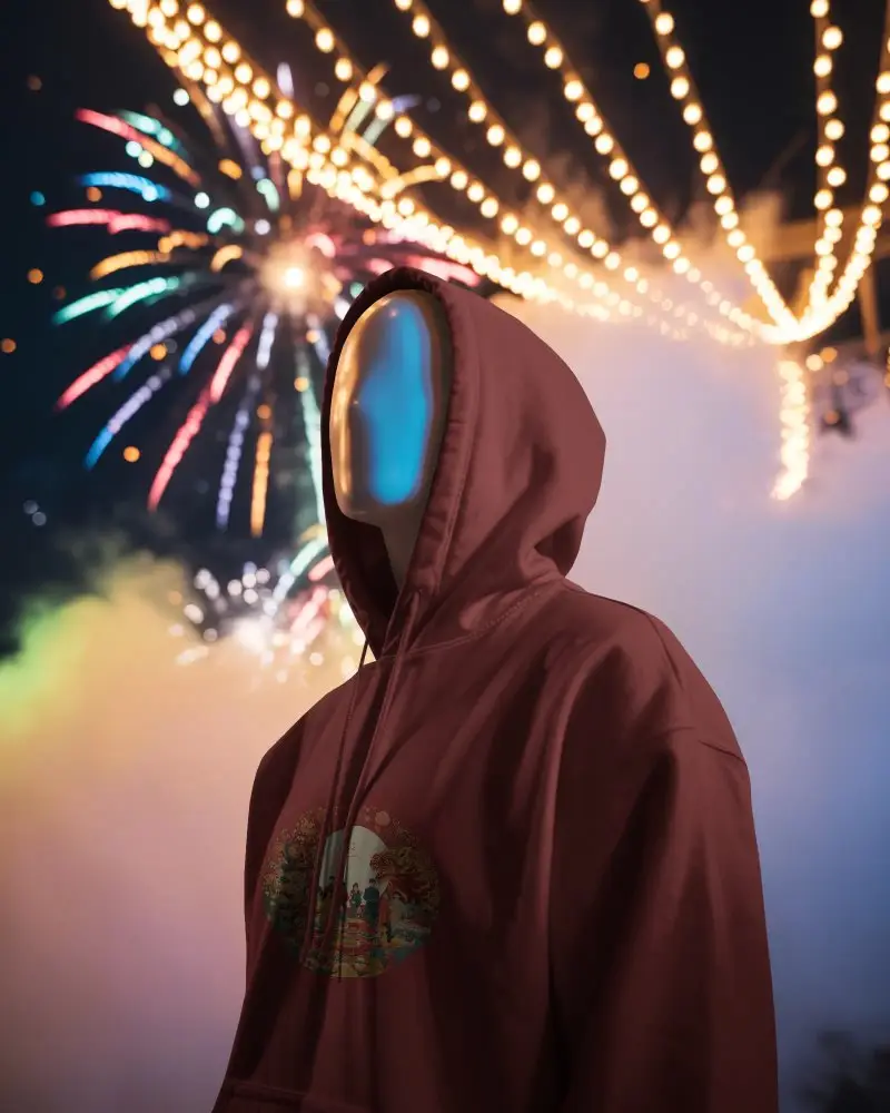 New Year Celebration Mockup With Hoodie Blank Face And Fireworks Background