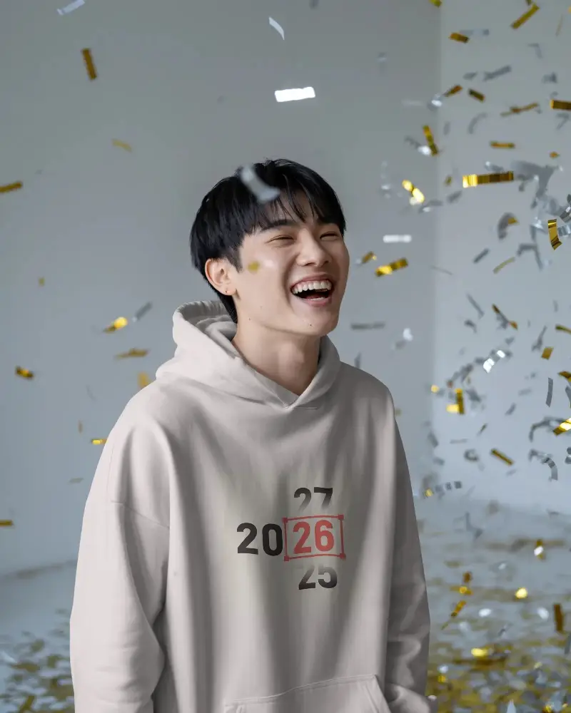 Happy New Year Mockup With Smiling Person Amidst Floating Party Confetti For Festive Design