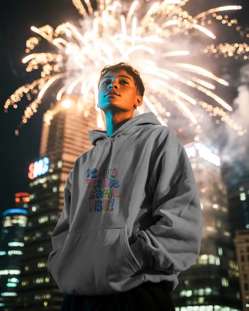 Festive New Year Hoodie Mockup Urban Night Cityscape Background With Fireworks