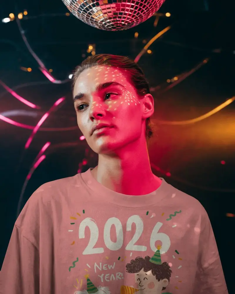 New Year Disco Light Tshirt Mockup Female Model Under Mirror Ball With Colorful Retro Party Lights