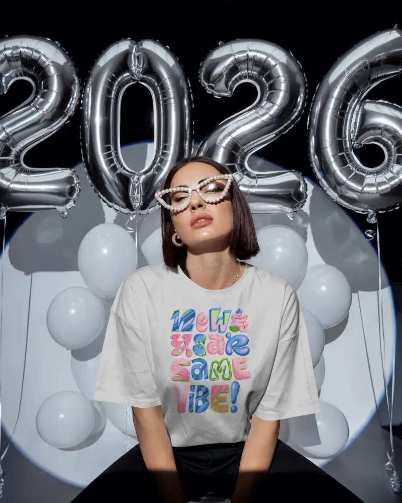 Silver New Year Party Tshirt Mockup Female Model With 2026 Balloons And Stylish Cat Eye Glass